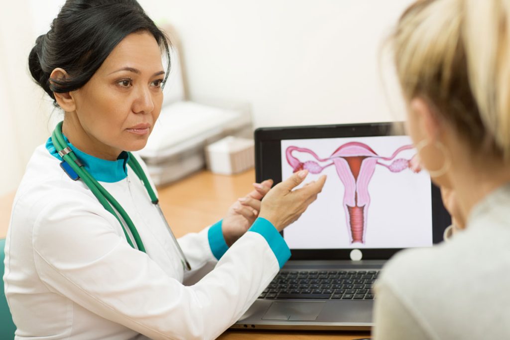 doctor pointing to reproductive system image and talking about hysterectomy