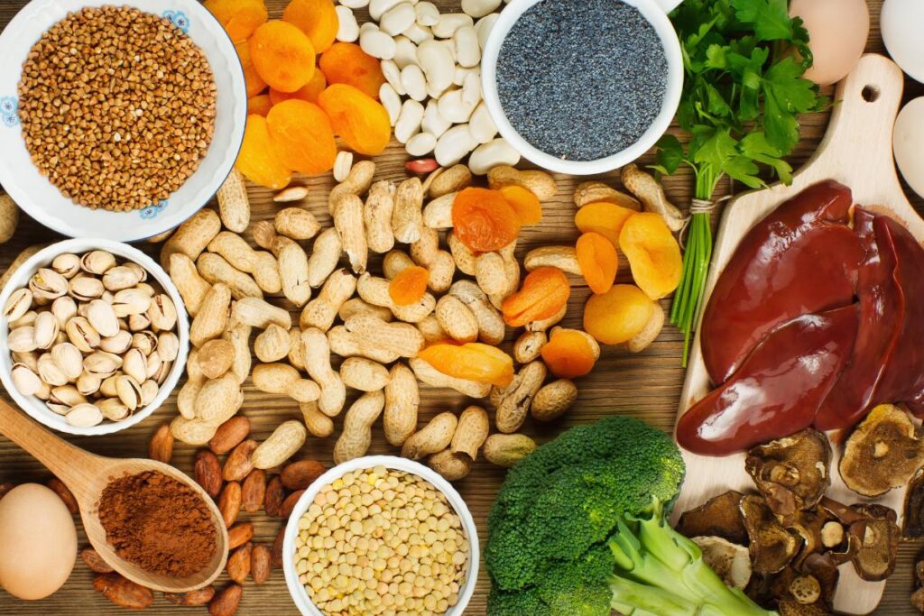 Iron rich foods like apricots nuts and beef livers