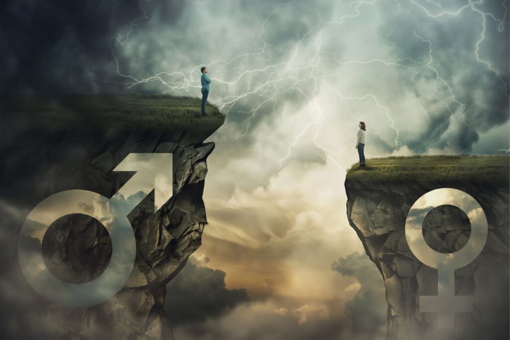 man and woman on pedestal showcasing gender inequity