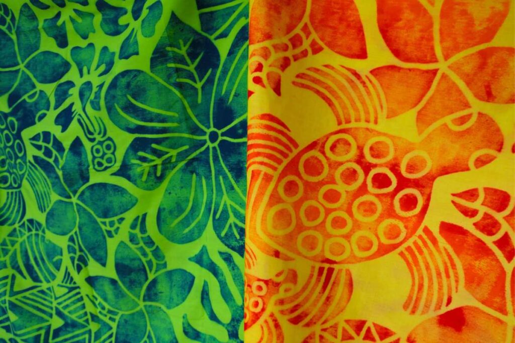 Traditional Polynesian fabric pattern with hibiscus and sea turtle
