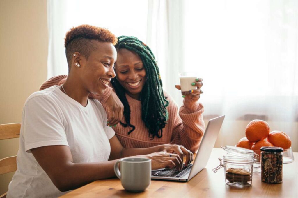 Lesbian couple spending time having coffee together