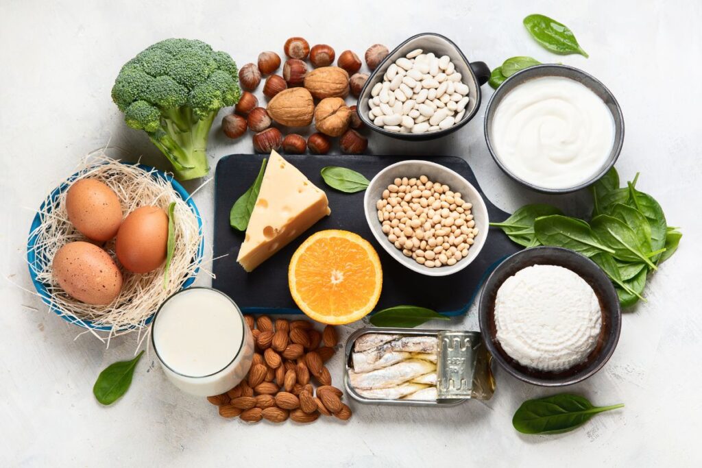 Food for osteoporosis like cheese, eggs, milk, fruits, and vegetables