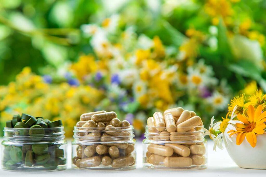 herbal and vitamin supplement pills of various colors
