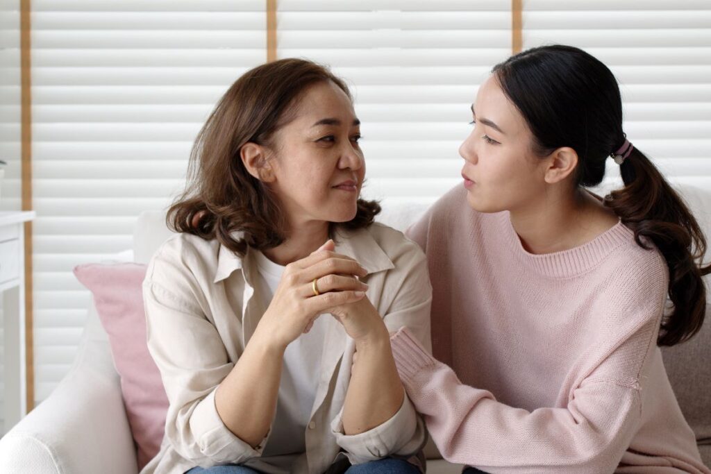 Daughter talking to her mom about dementia