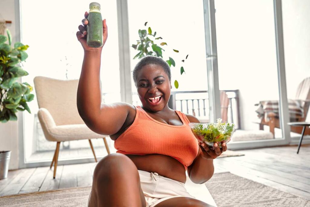 happy woman feeling good and eating healthy