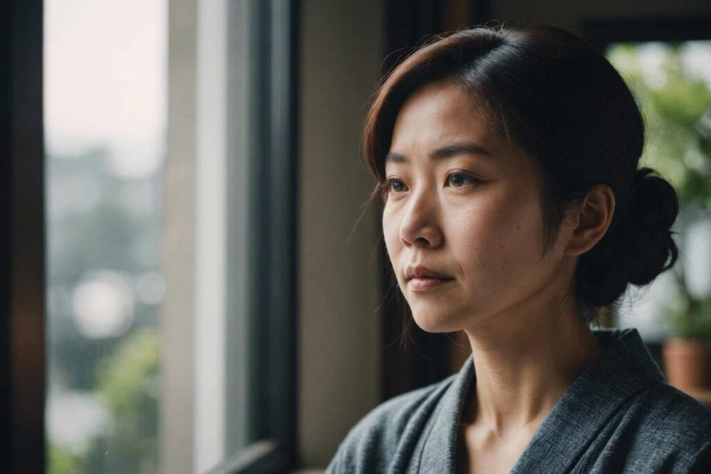 Woman staring out the window consumed by grief and loss