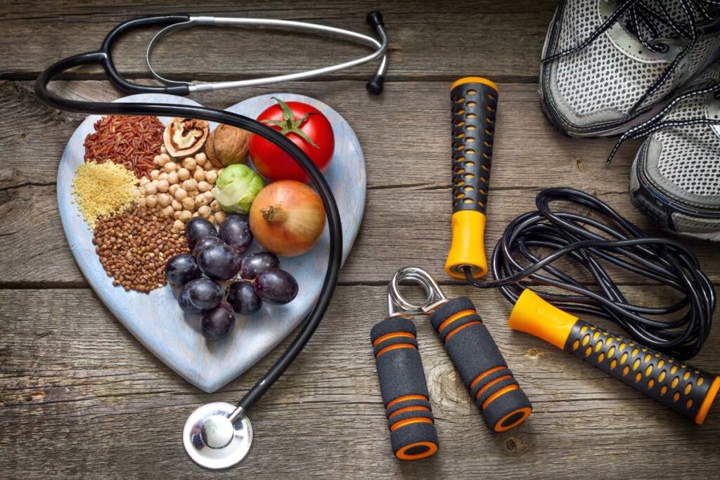 healthy lifestyle images like food and exercise equipment