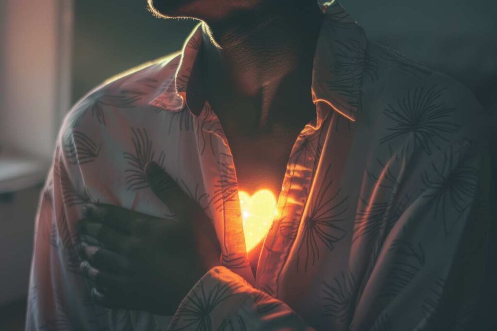 heart glowing in a woman's chest as she shows compassionate touch