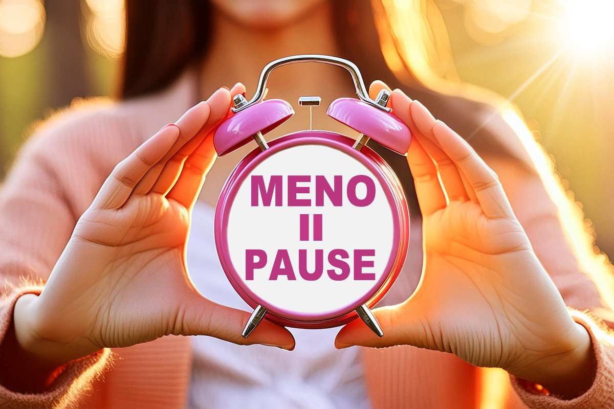 menopausal woman holding a clock that says pause