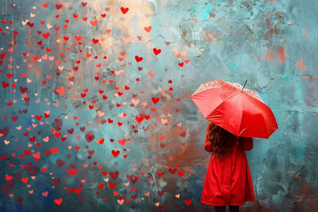 red umbrella and heartsa around it