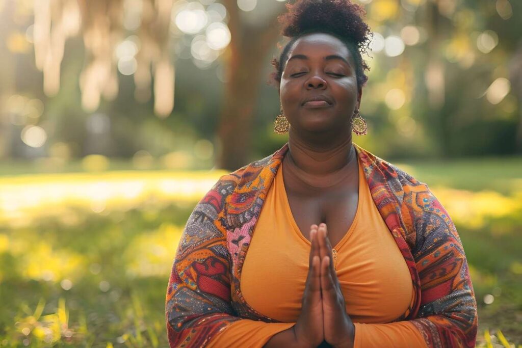 woman with hands together having a mindful moment